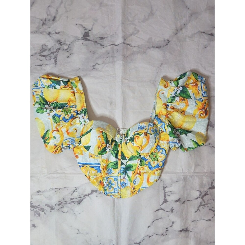 Blithe Yellow Print Puff Sleeve Cropped Blouse